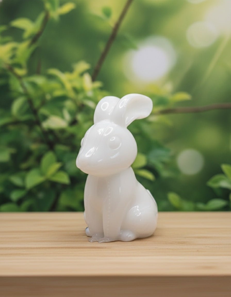 A smooth, handcrafted breastmilk keepsake bunny figurine with a pearlescent white finish, displayed on a light wood surface with a blurred green forest background.