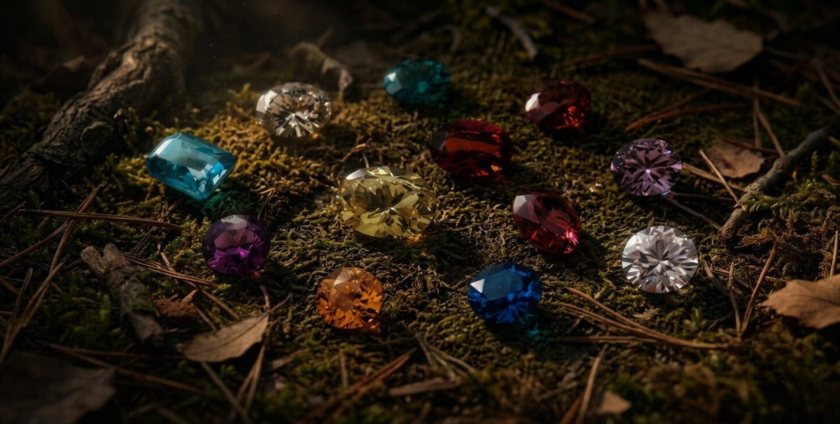 Collection of colourful faceted gemstones including blue topaz, amethyst, citrine, ruby, sapphire, and diamond scattered on a mossy forest floor