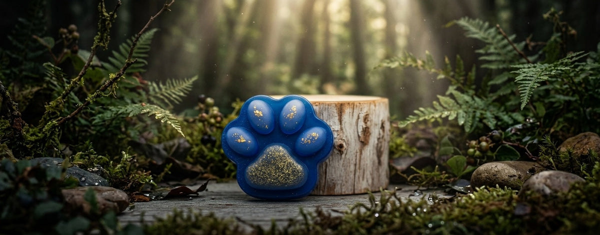 Blue resin paw print keepsake with gold foil flakes displayed in a sunlit forest setting surrounded by ferns and moss