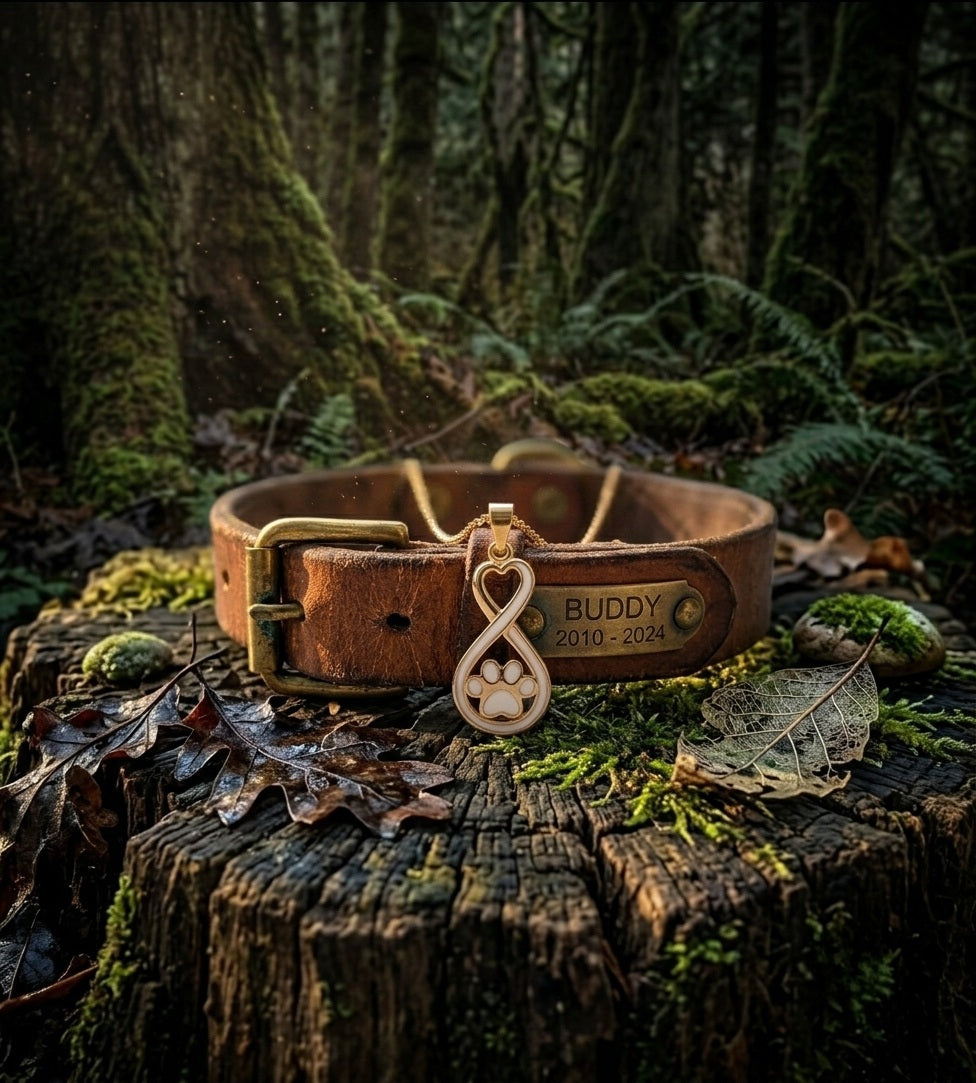 Until We Meet Again gold infinity paw print pendant necklace resting against a leather dog collar engraved with 'Buddy 2010–2024' on a mossy forest stump