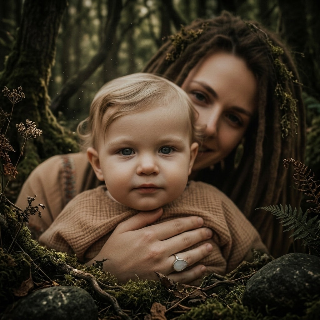 Mother with dreadlocks wearing a silver breast milk ring embracing her young toddler in a lush forest setting