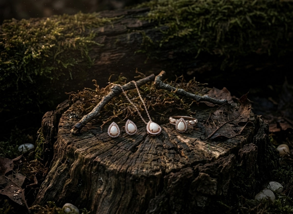 Gold teardrop pendant necklace, matching earrings, and ring with white gemstone centers displayed on a mossy forest stump