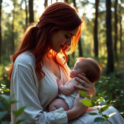 A warm, sun-drenched photograph of a mother with long reddish hair gently cradling her infant in a lush forest setting. The soft sunlight filters through the trees, creating a golden gold around them as she looks down lovingly at her baby.