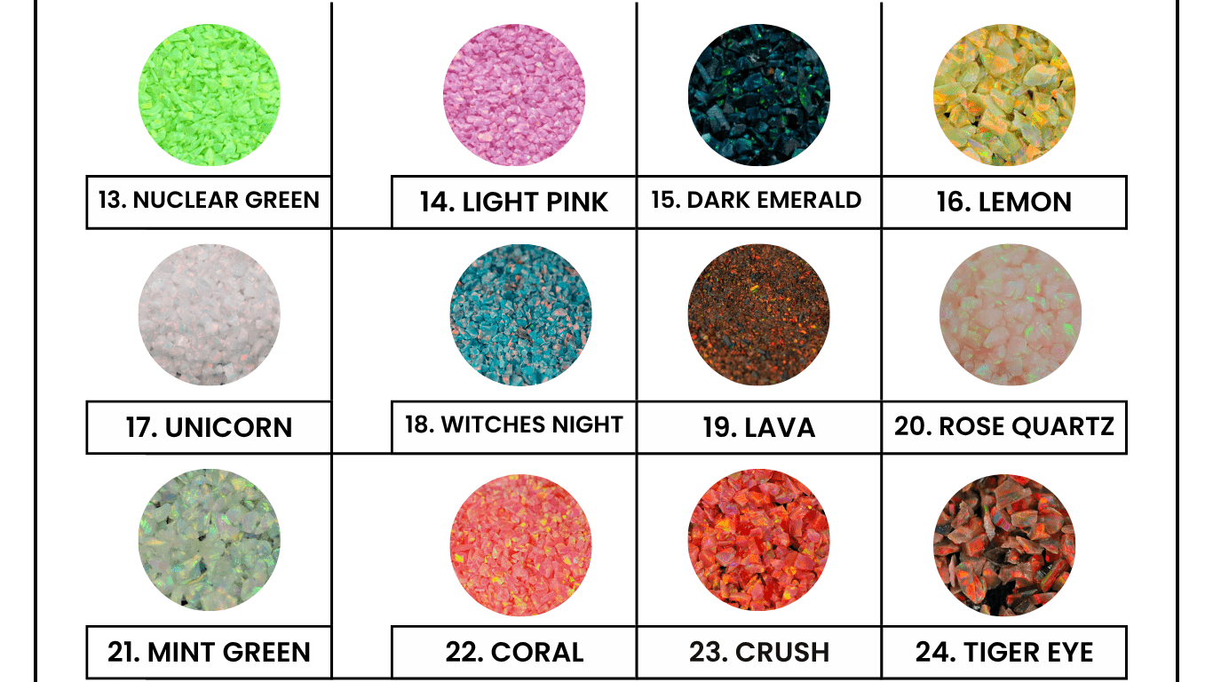 Color swatches labeled with names like Nuclear Green, Light Pink, Dark Emerald, Lemon, Unicorn, Witches Night, Lava, Rose Quartz, Mint Green, Coral, Crush, and Tiger Eye.